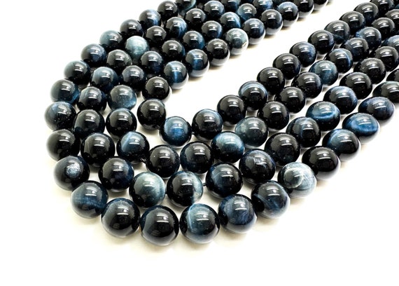 AAA Blue Tiger Eye, Rare Natural Navy Blue Tiger's Eye Polished Smooth Round Gemstone Beads - RN40