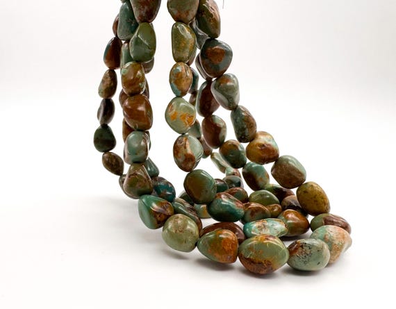 Natural Hubei Turquoise Smooth Pebble Nuggets, Freeform Tumbled Pebble Beads, Earthy Blue Green Golden Matrix Gemstone Strands - PGS373