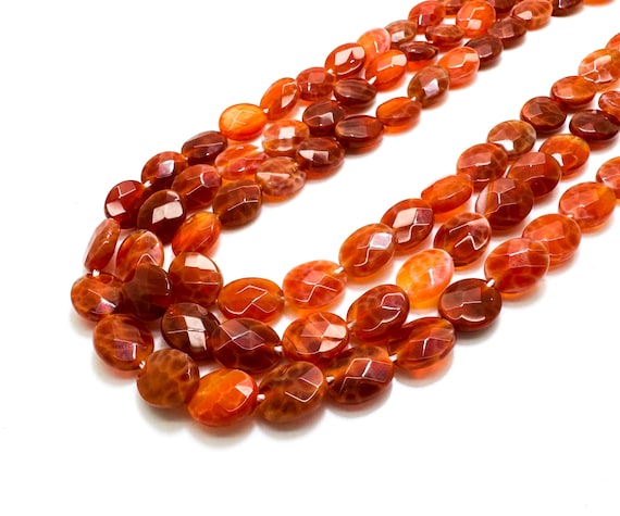 Fire Agate Beads, Natural Orange Fire Agate Flat Faceted Oval 8mm x 10mm Gemstone Beads - PG183