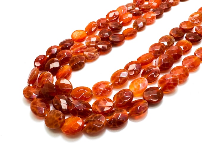Fire Agate Beads, Natural Orange Fire Agate Flat Faceted Oval 8mm x 10mm Gemstone Beads - PG183