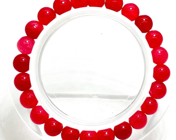 Jade Bracelet, Hot Pink Fuchsia Jade Gemstone 8mm Beads Stretch Elastic Cord Handmade Beaded Bracelet- PGB84