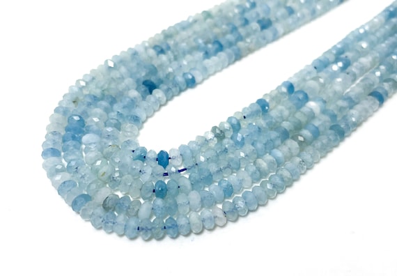 Natural AAA Blue Aquamarine Faceted Rondelle 3mm x 5mm Gemstone Beads - RDF113