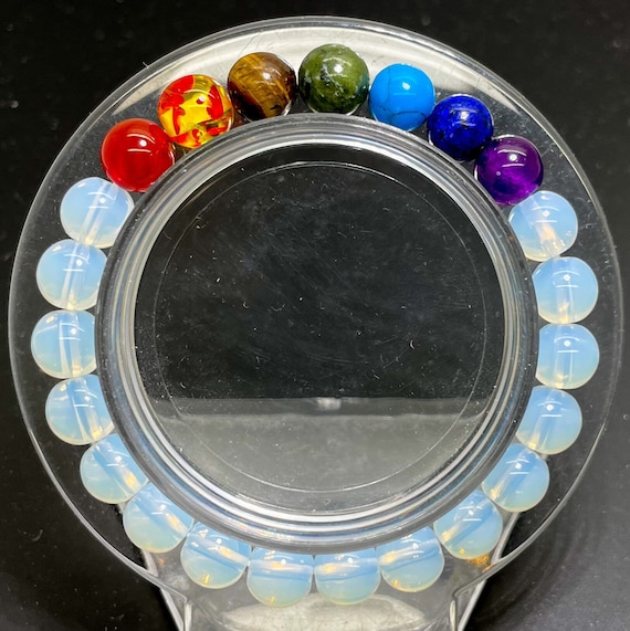 Opalite with Mixed Natural Gemstone 8mm 6mm Beads Handmade Stretch Beaded Bracelet - PGB121C