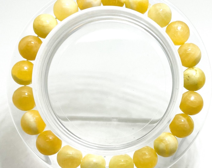 Yellow Opal Smooth Polished Round 8mm 10mm Gemstone Beads Stretch Elastic Cord Handmade Bracelet - PGB79