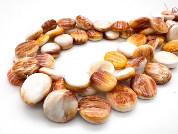 Natural Spiny Oyster Shell Beads 15-18mm Polished Flat Round Disc Rare Purple & Orange Mixed Shell Coin Gemstone Artisan Jewelry Supply -SO2