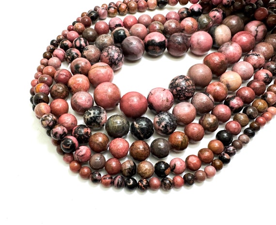 Natural Rhodonite Beads, Pink Rhodonite Smooth Round Gemstone Beads (4mm 6mm 8mm 10mm 12mm) - PG286A