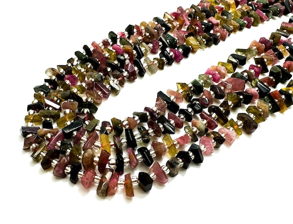 Natural Tourmaline, AAA Rainbow Multi color Tourmaline Nugget Irregular Chips Gemstone Bead Beads - RDS18