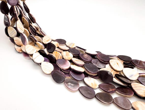 Natural Wampum Quahog Shell Beads Purple White Flat Teardrop Pear 12x15mm Authentic USA Quahog Shell 15.5" Strand Jewelry Making - PG192