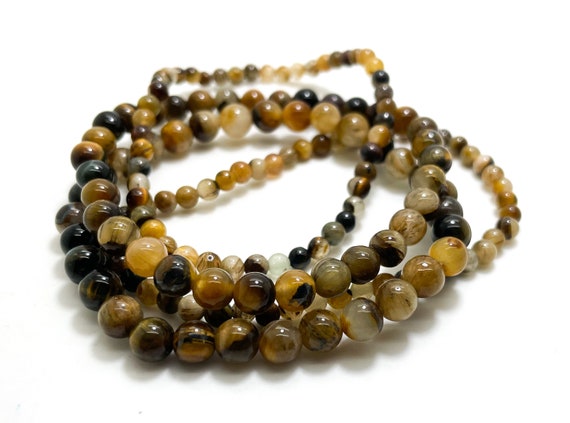 Bronw Yellow Stripe Natural Agate Smooth Polisehd Round Beaded Gemstone Stretch Handmade Bracelet - PGB146