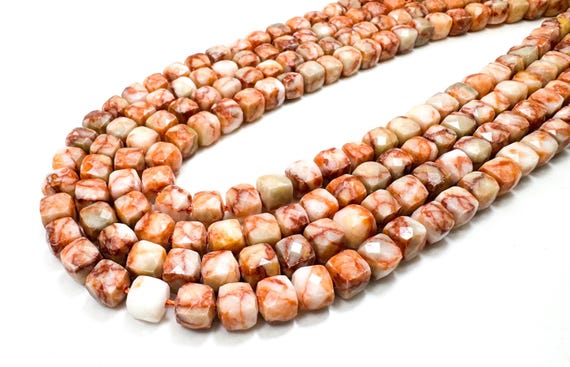 Faceted Red Vein Agate Beads: 7x7mm Faceted Cube Square Orange Gemstone, 15.5" Strand - PGS121