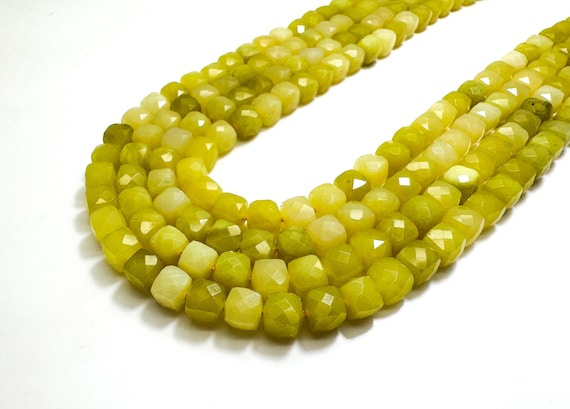 Natural Green Lemon Jade Faceted Square Cube 7mm Gemstone Beads - PGS121
