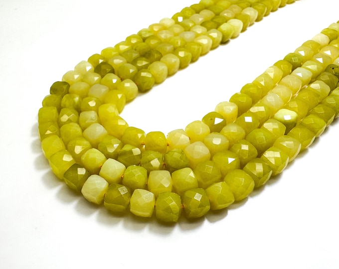 Natural Green Lemon Jade Faceted Square Cube 7mm Gemstone Beads - PGS121