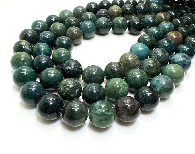 Dark Green Moss Agate Beads: Polished Gemstone, Jewelry Making