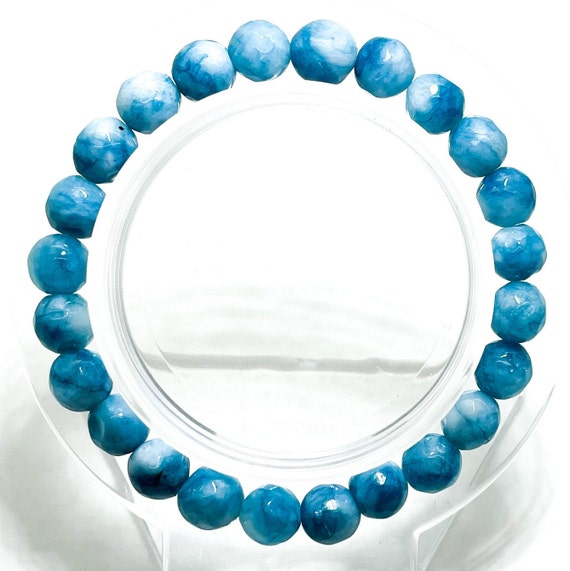 Blue Agate Faceted Round 8mm Gemstone Beads Elastic Stretch Handmade Beaded Bracelet - PGB207
