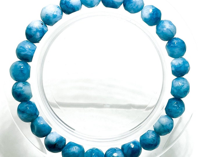 Blue Agate Faceted Round 8mm Gemstone Beads Elastic Stretch Handmade Beaded Bracelet - PGB207