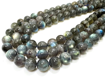 AAA Labradorite Gemstone Beads: Gray Stone with Blue/Gold Flash, Polished Round