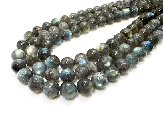 AAA Labradorite Gemstone Beads: Gray Stone with Blue/Gold Flash, Polished Round