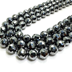 High Quality Terahertz Stone Beads – 4mm ~ 12mm – High Polish Metallic Silver Gray Shine Faceted Round Gemstone Beads - RNF65