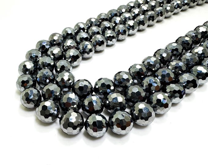 Faceted Terahertz Stone Beads: High-Polish Silver-Gray Gemstone