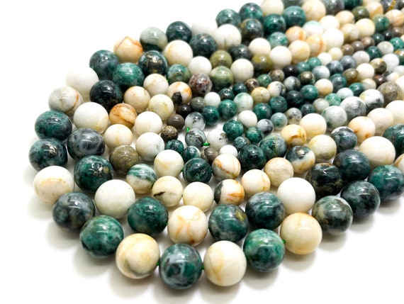 Rare Natural Pyrite in Green White Jade 6mm 7mm 8mm 10mm Smooth Polished Round Gemstone Beads - RN156