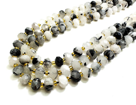 Natural Black Hair Rutilated Quartz Faceted Rondelle 5mm x 8mm Gemstone Beads - PGS321