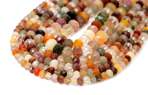 Natural Rutilated Quartz, Mix Color Rutilated Quartz Faceted Rondelle Gemstone Beads - RDF72
