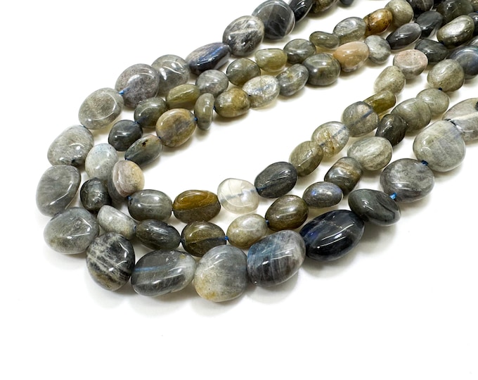 Natural Dark Gray Black Rainbow Labradorite Smooth Rough Nugget Pebble Gemstone Beads (Assorted Size) - PGS261