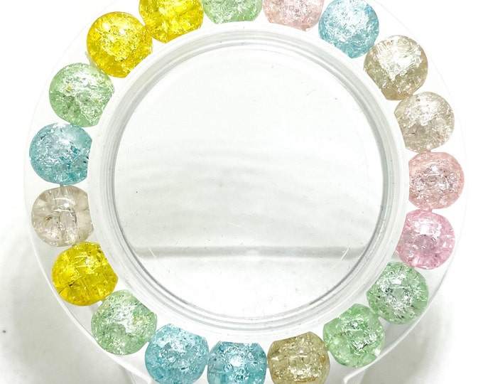 Crackle Quartz Handmade Cracked Crystal 10mm Polished Smooth Gemstone Bracelet (Rainbow) - PGB238C