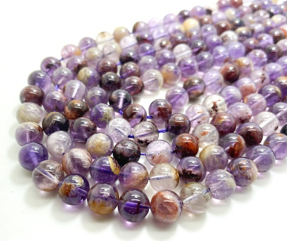 Genuine Super Seven Beads, Purple Rutilated AAA Super Seven Polished Smooth Round Natural Gemstone Stone Beads - Full Strand - RN38