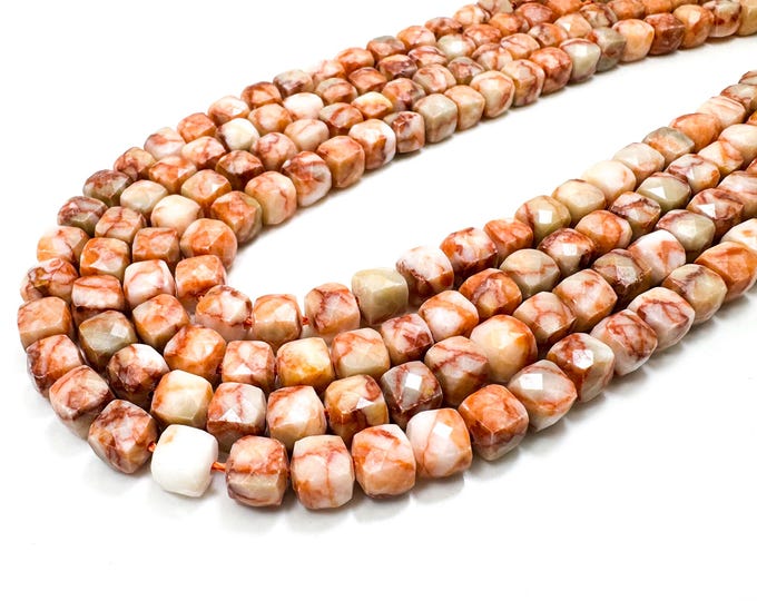 Faceted Orange Jade Beads: 7x7mm Cube, 15.5" Strand