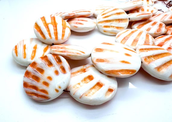 Spiny Oyster Shell Beads: 35mm Orange White Flat Round Discs - SO9