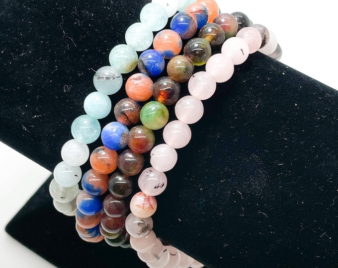 Jade Smooth Round Gemstone 6mm Beads Dyed Pink Blue Green Rainbow Beads Stretch Elastic Cord Handmade Bracelet - PGB80