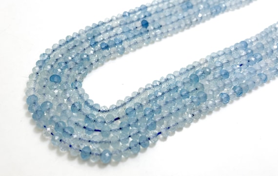 Natural Aquamarine Beads, AAA Blue Aquamarine Faceted Rondelle 3mm x 4mm Gemstone Beads Stones - RDF110