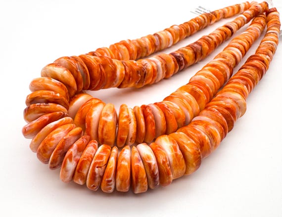 Natural Spiny Oyster Shell Beads • Graduated Smooth Saucer Heishi • Vibrant Orange 8mm-18mm Gemstone for Artisan Jewelry Supply SO34