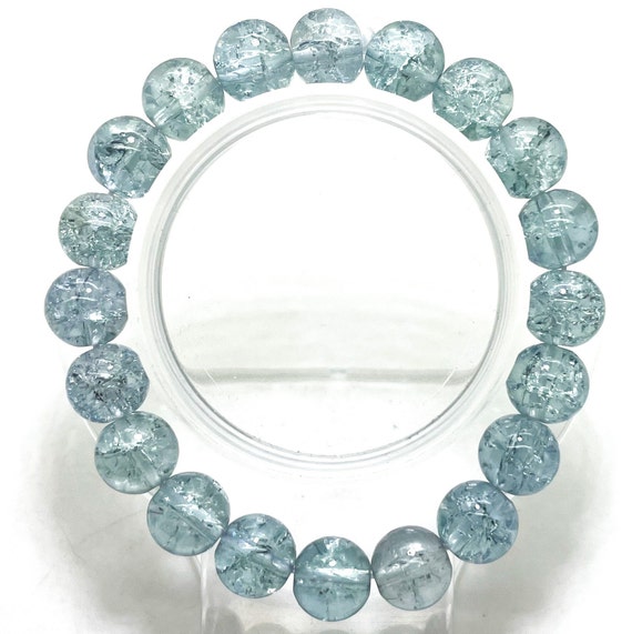 Crackle Quartz Handmade Cracked Crystal 10mm Polished Smooth Gemstone Bracelet (Light Blue) - PGB239H