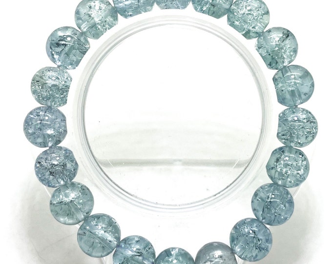 Crackle Quartz Handmade Cracked Crystal 10mm Polished Smooth Gemstone Bracelet (Light Blue) - PGB239H