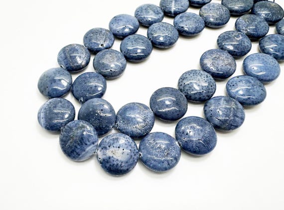 Natural Blue Coral Flat Round Beads | Coin Shape | 18mm | 16" Strand | Ocean Blue Coral | Jewelry Making Supplies BC8
