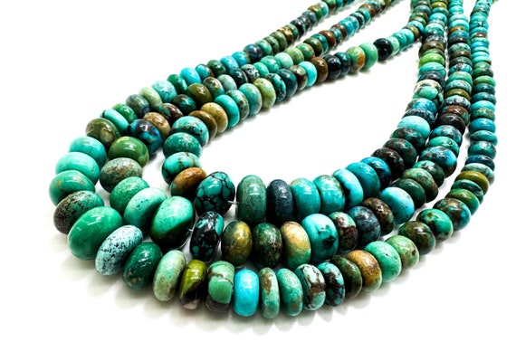 Natural Genuine Turquoise Polished Smooth Round Rondelle Assorted Size Gemstone Beads - PGS361