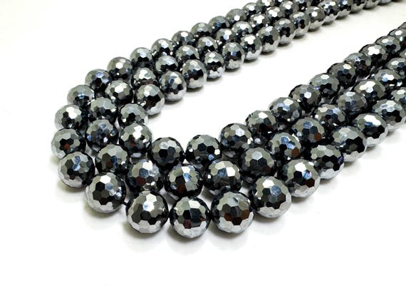 Faceted Round Terahertz Stone Beads: High-Polish Silver-Gray Gemstone - RNF65