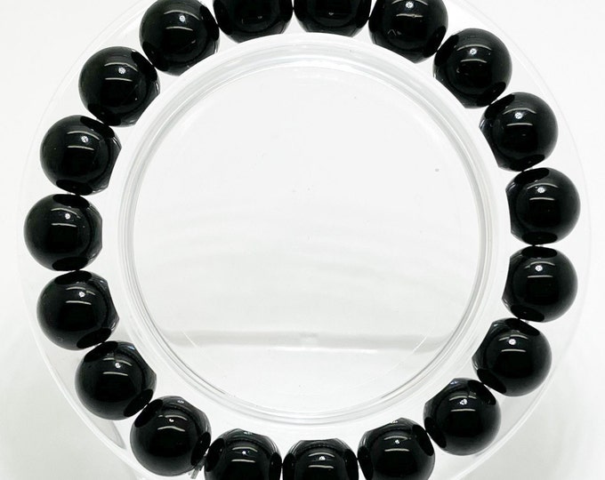 Black Onyx Smooth Round Sphere Ball Natural Gemstone Beads Size 4 6 8 10mm Stretch Elastic Cord Bracelet PGB32