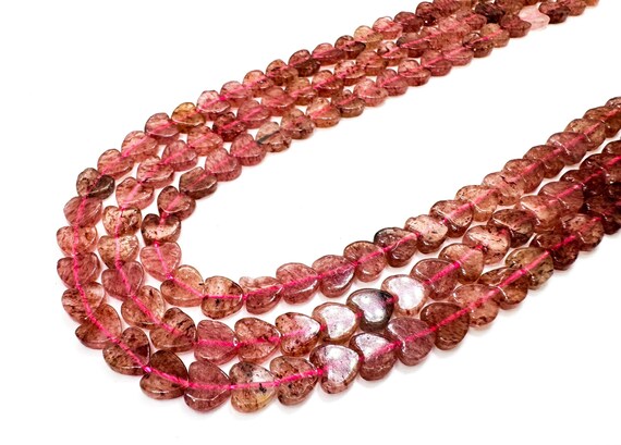 Natural Strawberry Quartz Flat Heart Beads: 6mm Natural Hot Pink Red Gemstone, Jewelry Making - PGS411