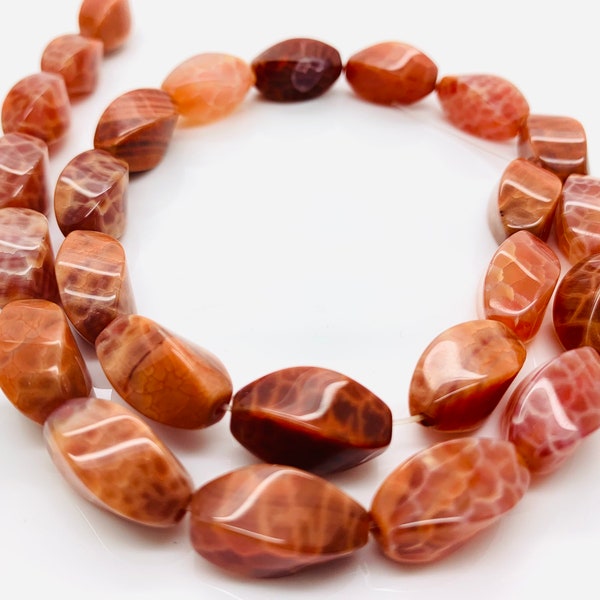 Fire Agate Beads, Red Fire Agate Twisted Barrel Puffed Oval Natural Gemstone Beads - PG175