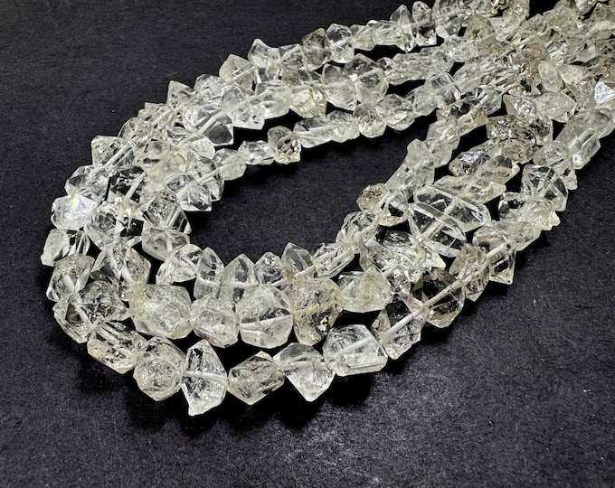 Natural Herkimer Diamond Quartz Beads – Raw Double-Terminated Crystal Nuggets, Full Strand for Jewelry Making - PGS24C