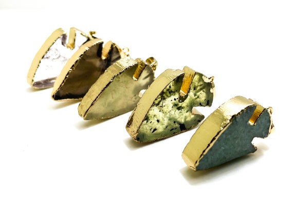 Natural Gemstone Arrowhead Gold Plated Edge Pendant Charms Prehnite Quartz Jade - PGP1001B
