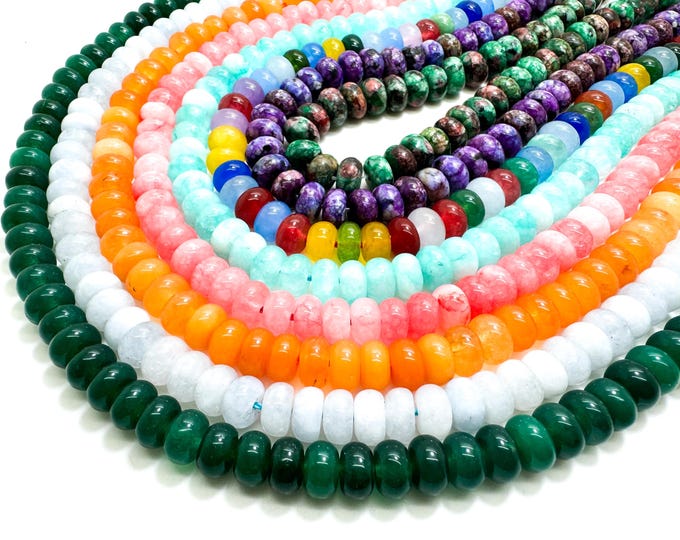 Rainbow Jade, Green Blue Pink Orange Jade Polished 5mm x 8mm Rondelle Gemstone Beads - RD22B