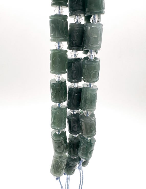 Natural Guatemala Jade Carved Barrel Beads, Green Jade Gemstone Beads, 10x13mm Drum Beads, Genuine Jade Beads, 6.5" Strand PGS323M