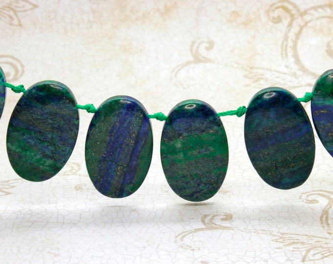 Natural Jasper, Blue Green Jasper Natural Flat Oval Smooth Gemstone Beads Loose Bead 22mm x 36mm - PGS71