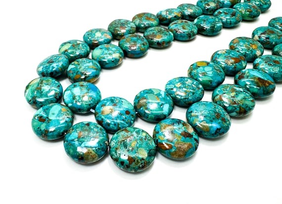Algeria Turquoise Beads: Blue-Green Flat Round Jewelry Making Beads (16mm, 7mm Thick)