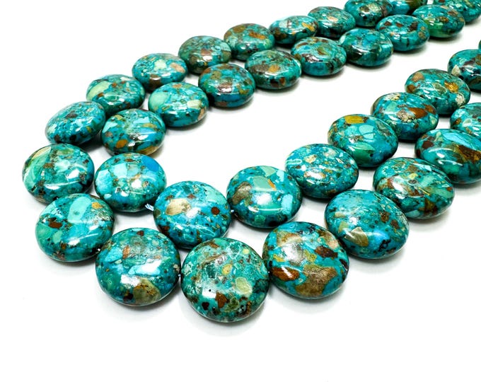 Algeria Turquoise Beads: Blue-Green Flat Round Jewelry Making Beads (16mm, 7mm Thick)