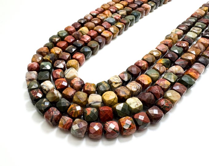 Natural Red Creek Jasper Faceted Square Cube 7mm Gemstone Beads - PGS121